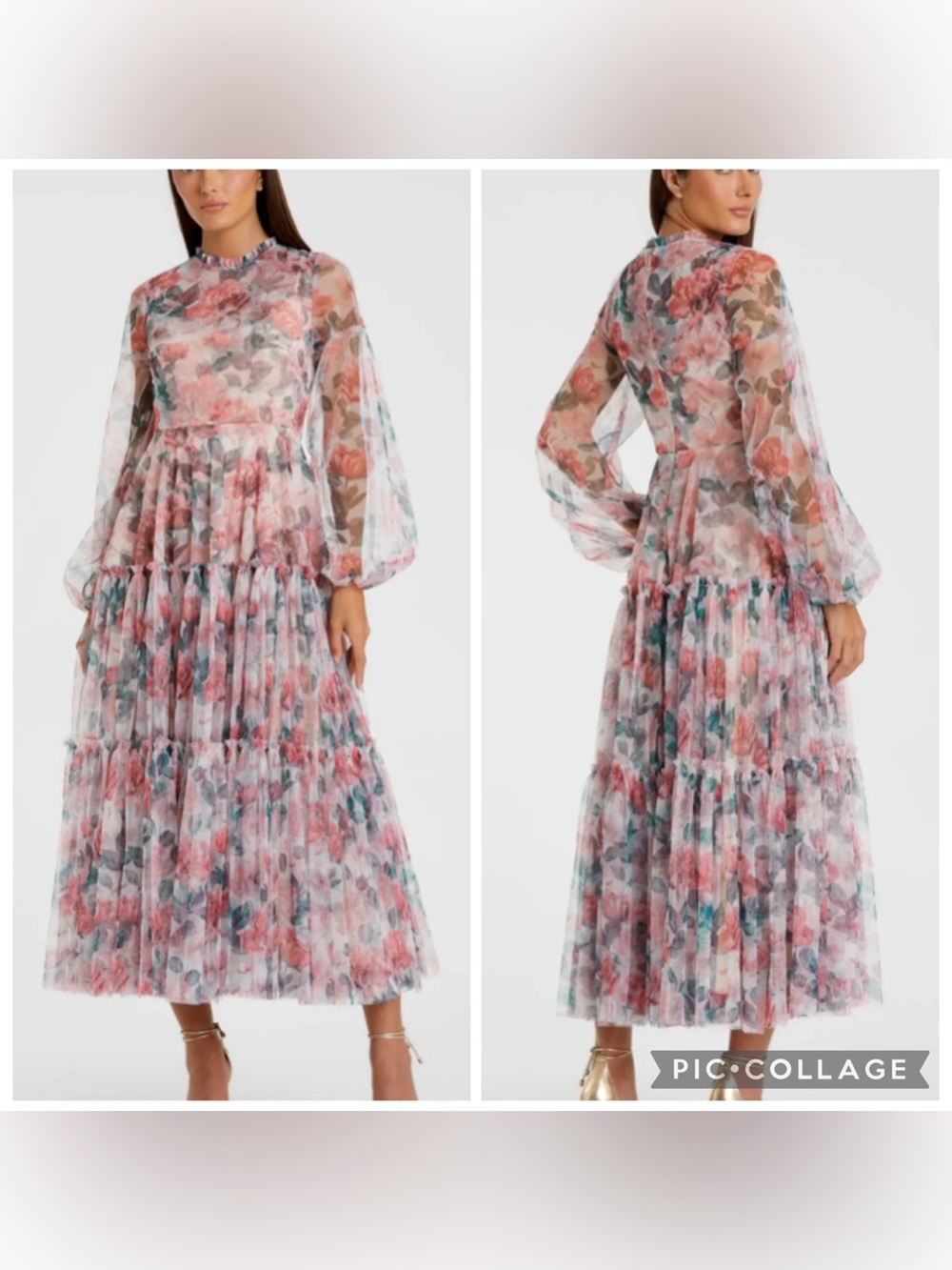 Mac Duggal Multicolor Floral High Neck Balloon Sleeve Midi Dress in White Multi